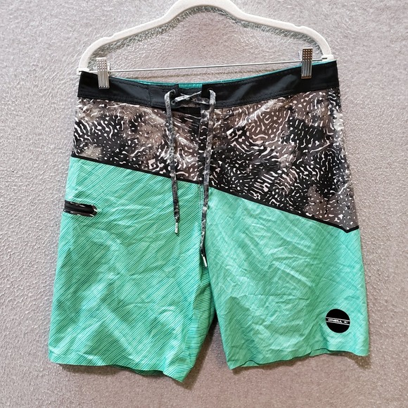 Oneill Men Swimwear 32 Green Board Shorts Logo Hyperfreak Bionic Yarn Drawstring - Picture 1 of 7